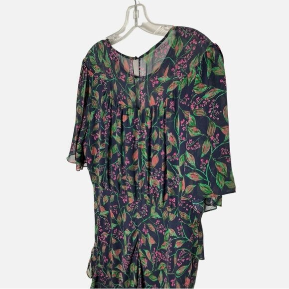 Saloni Vida Dress Silk Short-Sleeve Midi Ruffled Blue Floral Print Size 14 - Picture 5 of 6